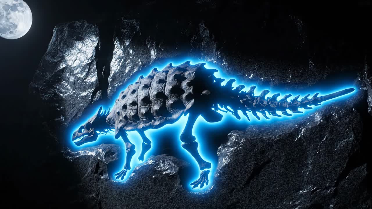 Ankylosaurus Skeleton in a Cave with Moonlight