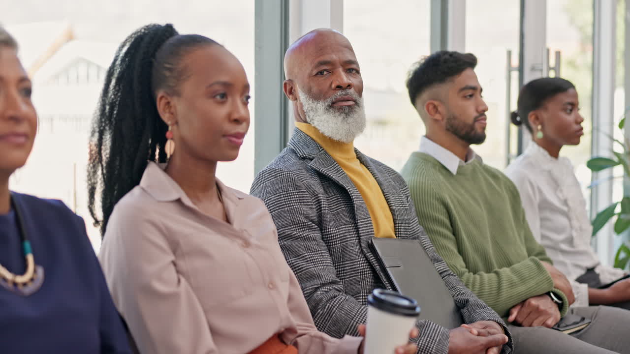 Face, row and black man with business people