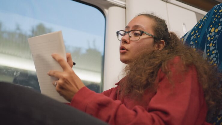 Giovane donna che ripete le battute ad alta voce sul treno, con un taccuino in mano, gesti espressivi, pratica vocale, occhiali e sguardo intento, paesaggio che scorre fuori dal finestrino, preparazione per la performance, pratica di monologo, concentrata.