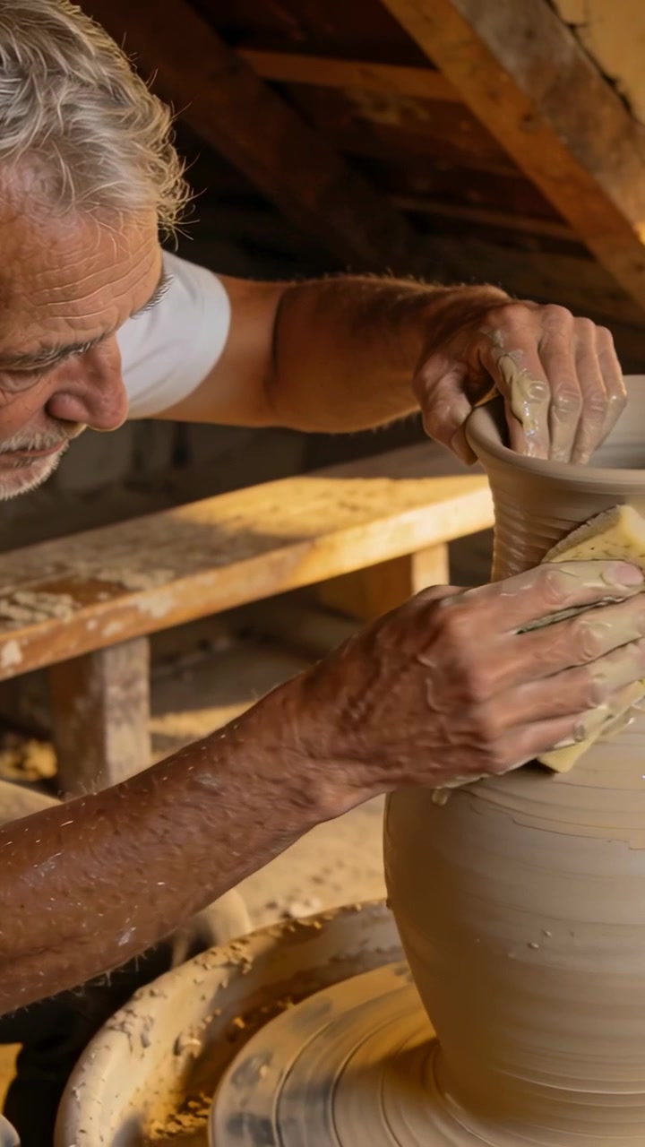 Vertical video: Spinning wheel guiding potter shaping vessel at shop using sponge to refine form
