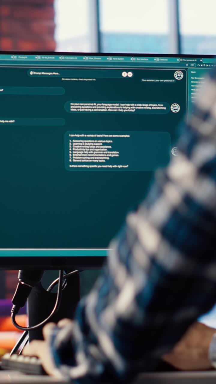 Vertikal video: Mand derhjemme stiller spørgsmål til AI LLM chatbot virtuel assistent.