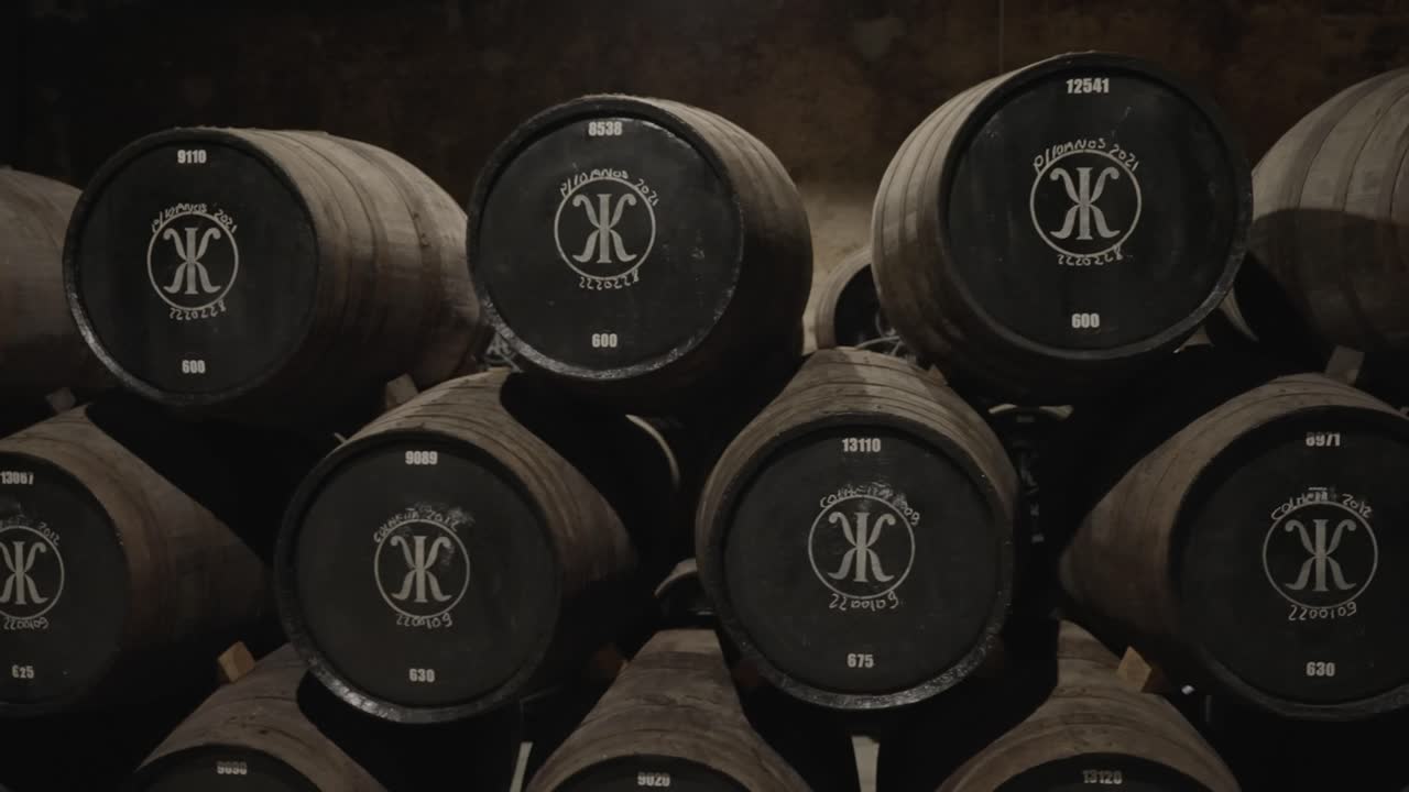 Primo piano di botti di vino impilate in affinamento all'interno di una cantina del Douro