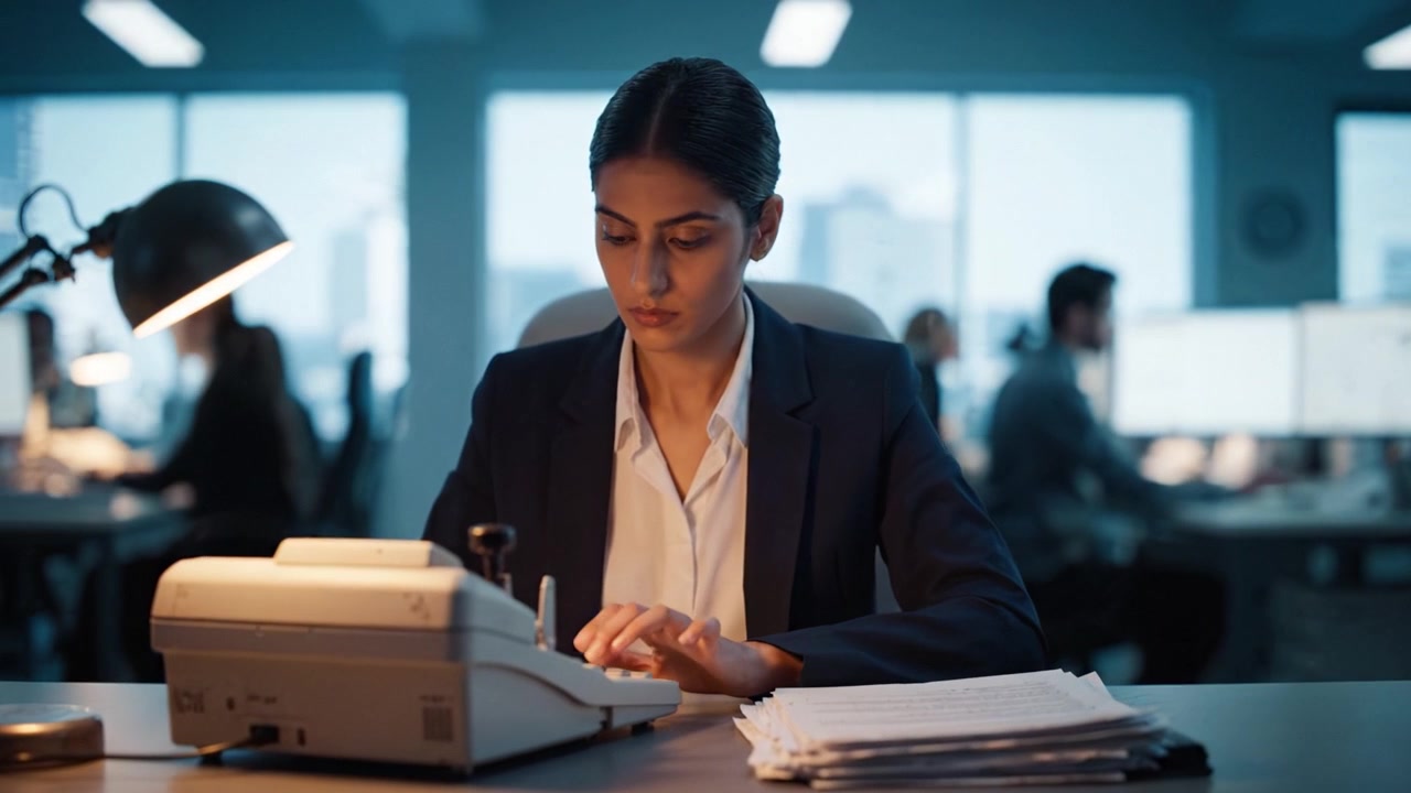 Focused Professional in Office Setting Typing on Vintage Typewriter Amid Modern Work Environment, Illustrating Blend of Tradition and Technology in Daily Tasks
