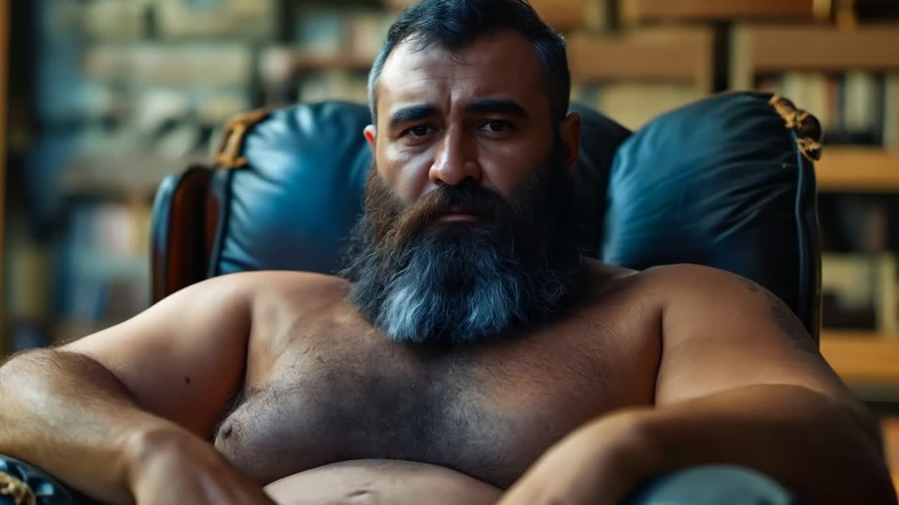 un hombre con una larga barba sentado en una silla