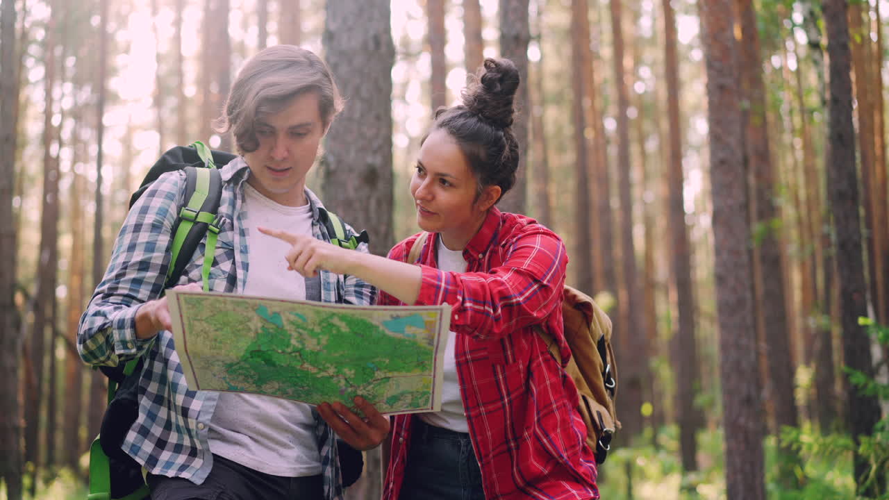 Couple Hiking in the Forest with a Map
