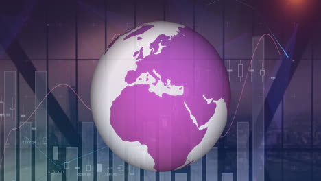 animation of white and purple globe spinning over statistics in background