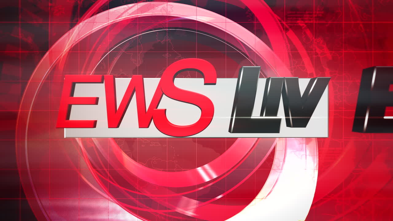 Texto animado Noticias en Vivo y gráfico de introducción de noticias con líneas rojas y formas circulares en un fondo abstracto de estudio