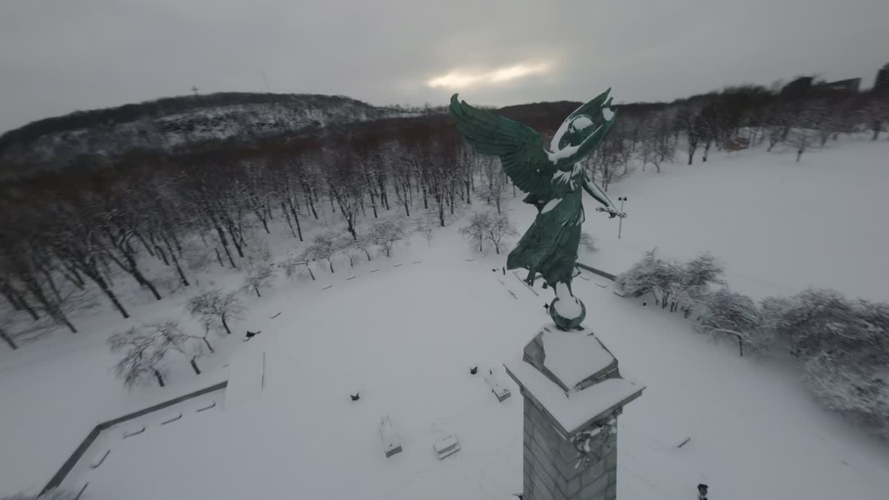 Drone Flyover Sir George-Étienne Cartier Monument During Winter In Mount Royal Park, Montreal, Quebec, Canada. FPV Shot