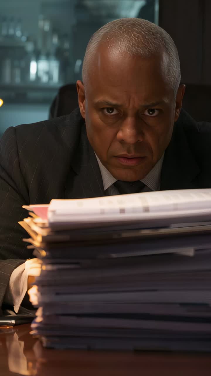 Vertical video: Deadline urging suited man reading paper stack at desk in office, then lifting head