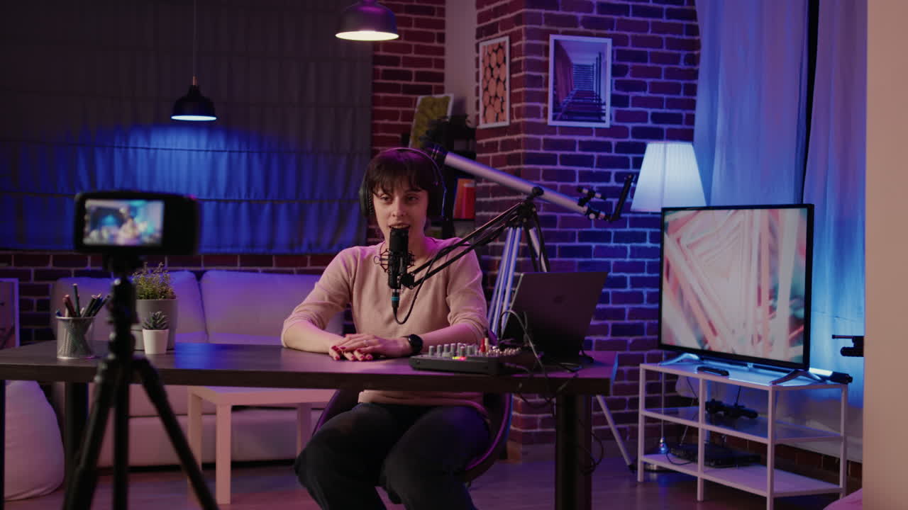 Portrait of woman broadcasting internet radio entartainment show while recording vlog with digital video camera