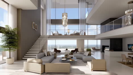luxurious modern penthouse interior with high ceilings and panoramic views
