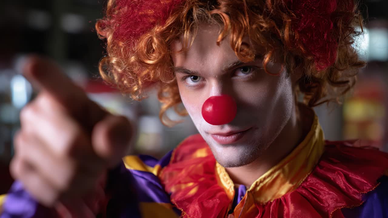 Un clown colorato che indica giocosamente la fotocamera con un sorriso malizioso, mostrando un naso rosso brillante e un costume vivace in una divertente atmosfera da carnevale