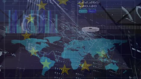 animation of financial data and european union flag over world map