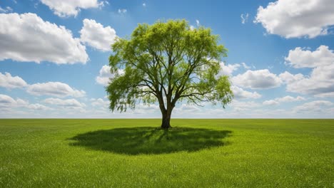 a majestic tree standing alone in a lush green field beneath a bright blue sky with fluffy clouds during a beautiful daytime scene