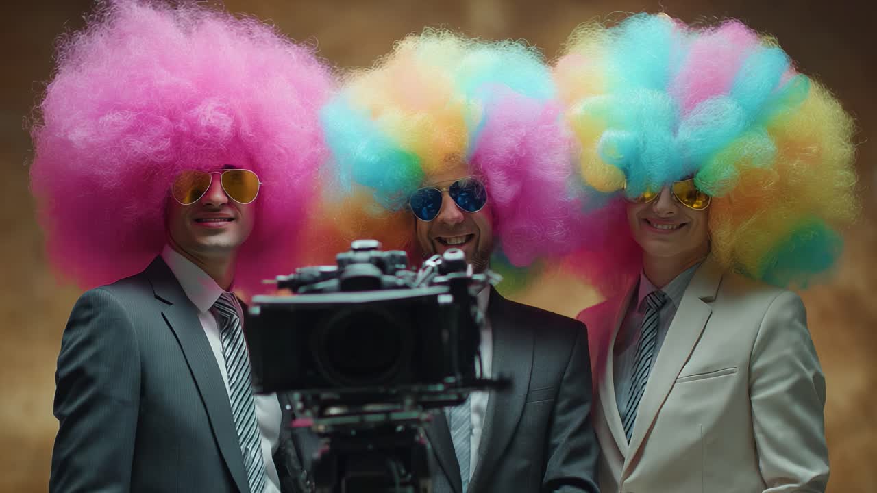 Three Individuals Sporting Colorful, Fluffy Wigs Pose Playfully for the Camera, Adding a Fun and Quirky Element to Their Stylish Suits in a Brightly Lit Setting