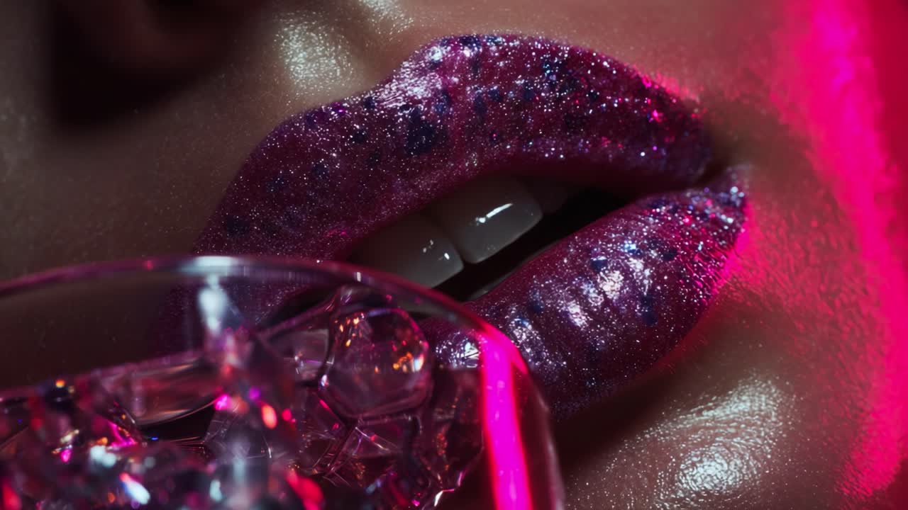 Primo piano di labbra scintillanti che tengono un bicchiere pieno di cubetti di ghiaccio, irradiando un'aura colorata con effetti abbaglianti, catturando perfettamente l'essenza di un trucco glamour e della fotografia artistica