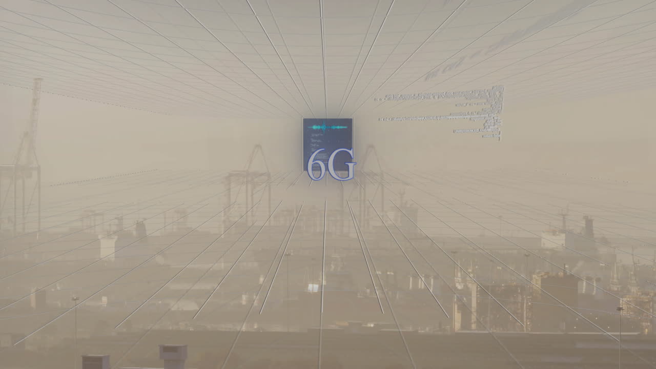 Animation of cityscape over data processing and 6g text