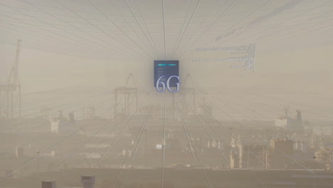 animation of cityscape over data processing and 6g text