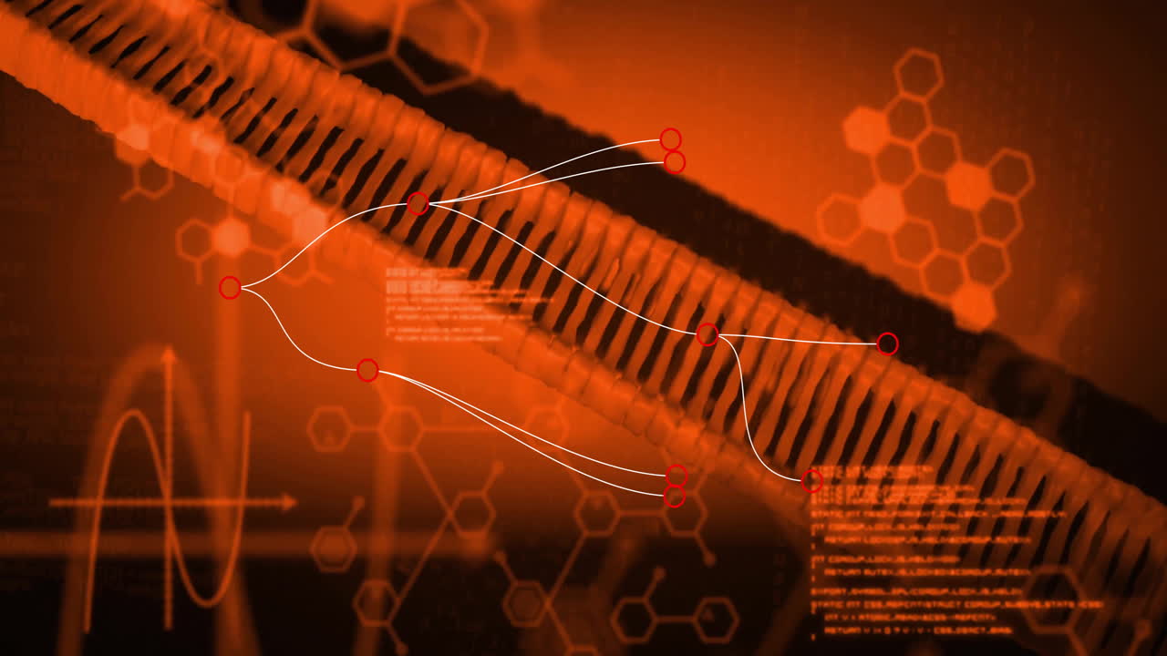 오렌지색 배경에 있는 dna 가닥 회전과 데이터 처리의 애니메이션