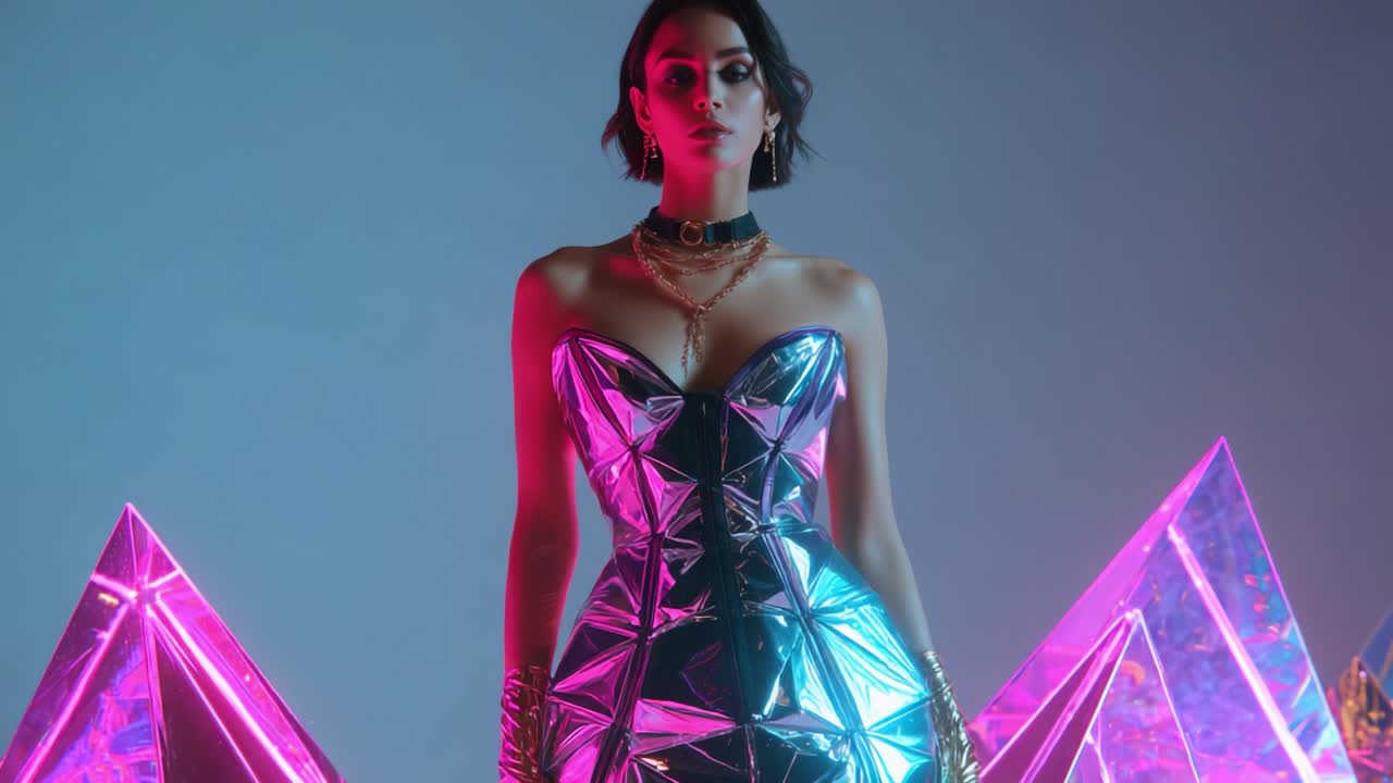 A stunning fashion-forward model showcases a dazzling metallic dress adorned with an intricate geometric design, perfectly illuminated amidst striking pink and blue neon lights and sharp crystalline formations