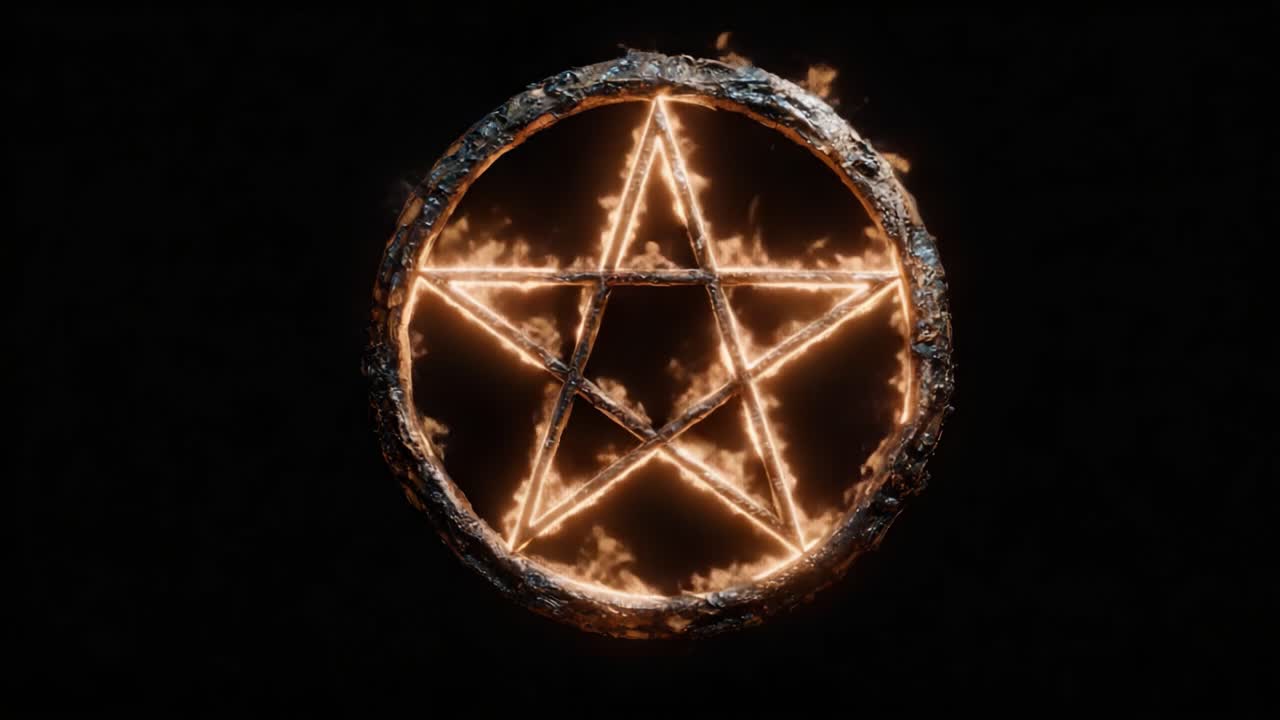Hypnotizující animovaná projekce hořícího pentagramu symbolizující mystické prvky a okultní témata na podmanivém černém pozadí