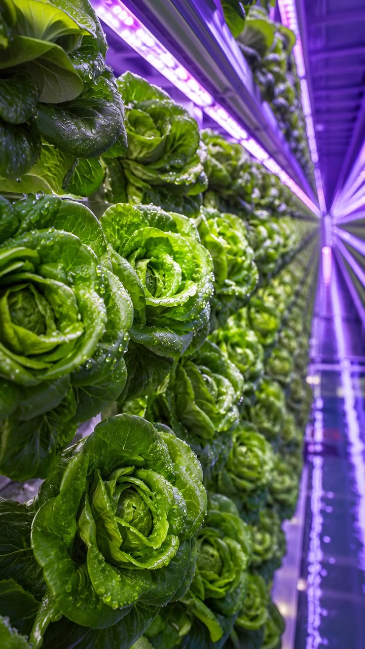 Vista ravvicinata di foglie verdi stratificate in file di piante organizzate con vivida illuminazione viola, che rivela texture naturali, una struttura di crescita compatta e un ambiente di coltivazione interna calmo.