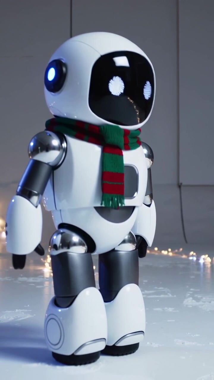 Video verticale: robot che cammina iniziando una dimostrazione, attraversando il pavimento dello studio per poi fermarsi, con la sciarpa che si sposta