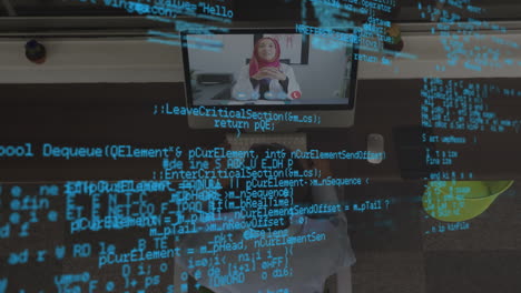 Digital data over woman on laptop screen during video call.