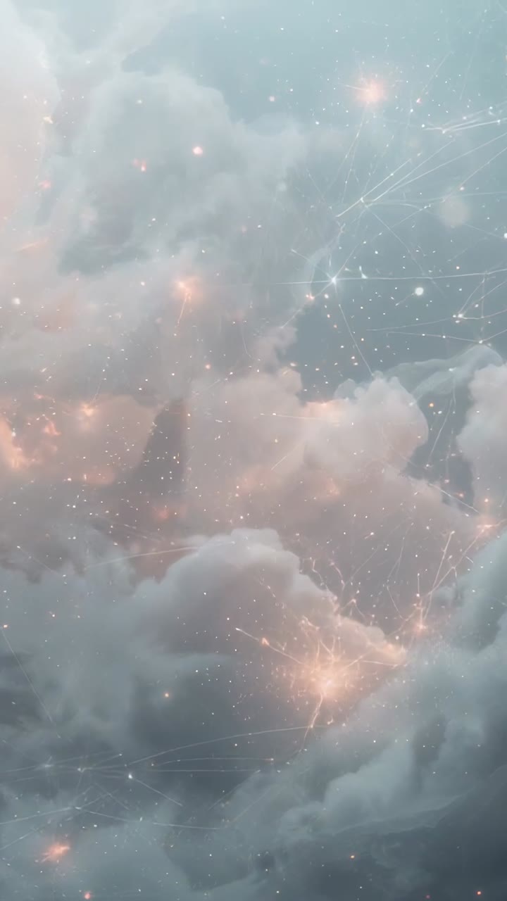 Vertical video: Starting luminous cloudscape pulsing in digital sky, with twinkling threads
