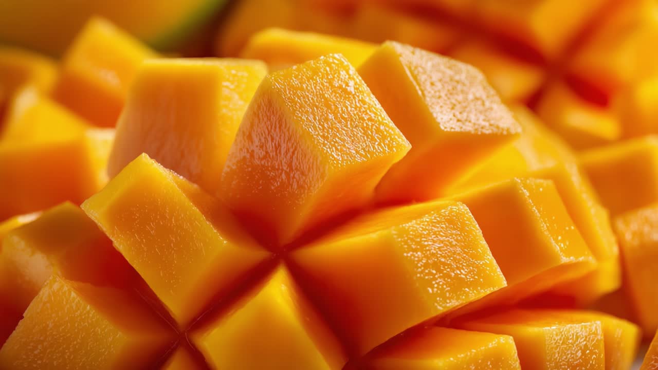 Przepyszne, świeże i żywe kostki mango, prezentujące swoje soczyste, słodkie wnętrze w oszałamiających zbliżeniach, tworząc apetyczną ucztę wizualną