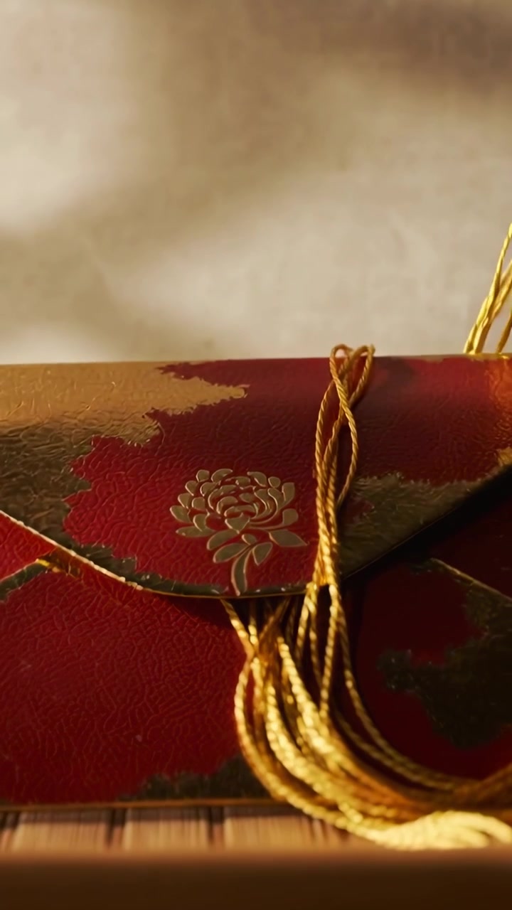 Vertical video: Gently lifting gold tassel, red pouch revealing embossed flower on woven mat