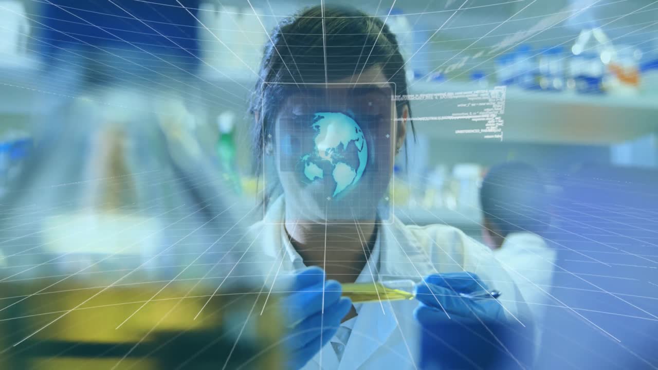Animation of data processing over biracial female scientist in laboratory