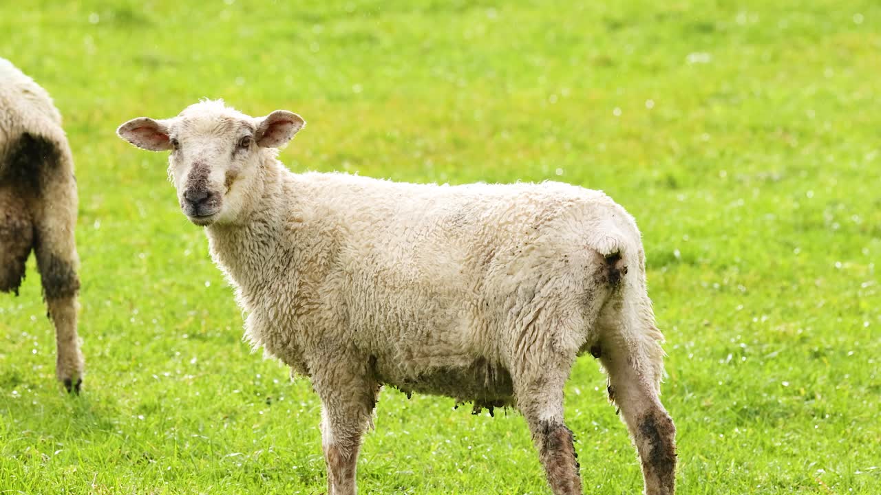 Devon Closewool sheep in a lush green field in Wanaka, New Zealand. Bright daylight enhances the serene pastoral scene