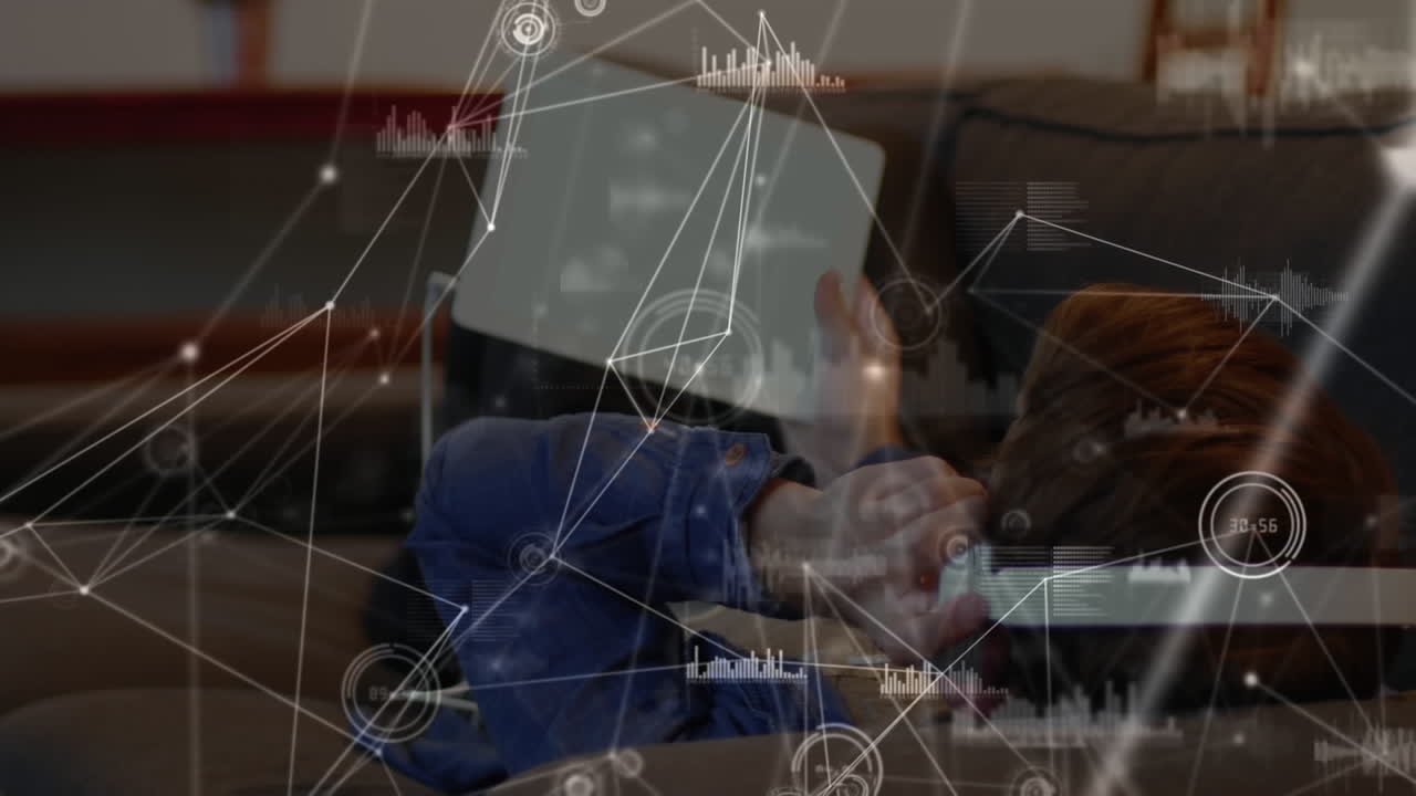 디지털 태블릿을 사용하면서 음악을 듣는 사람에 대한 연결 네트워크