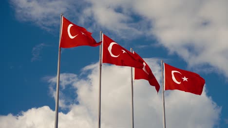 the turkish national flag fluttered on poles blown by the strong wind