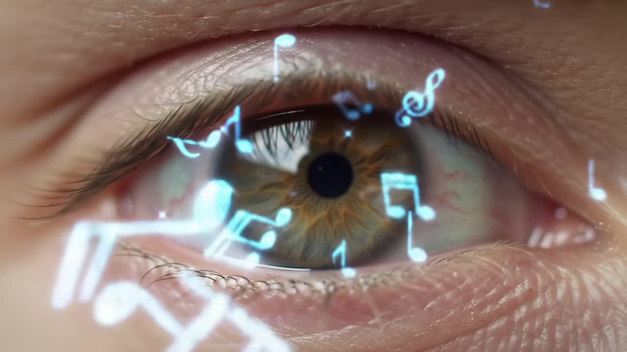 A Close-Up View of an Eye Reflecting Musical Notes, Symbolizing the Deep Connection Between Vision and Sound in a Unique Artistic Expression
