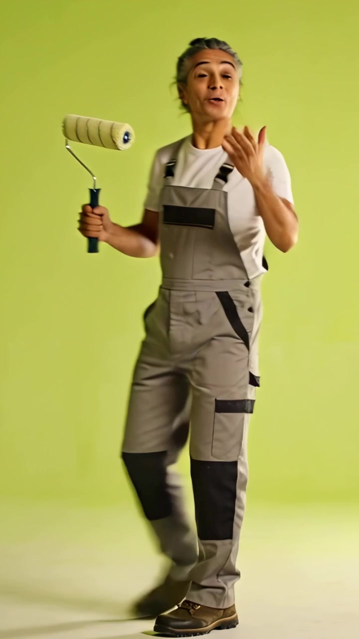 Video verticale: Pittrice che entra in tuta da lavoro con un rullo, che dimostra su un set color lime