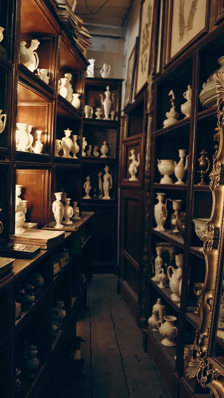 Vintage library video with a narrow aisle, ornate mirror, and ceramic vases