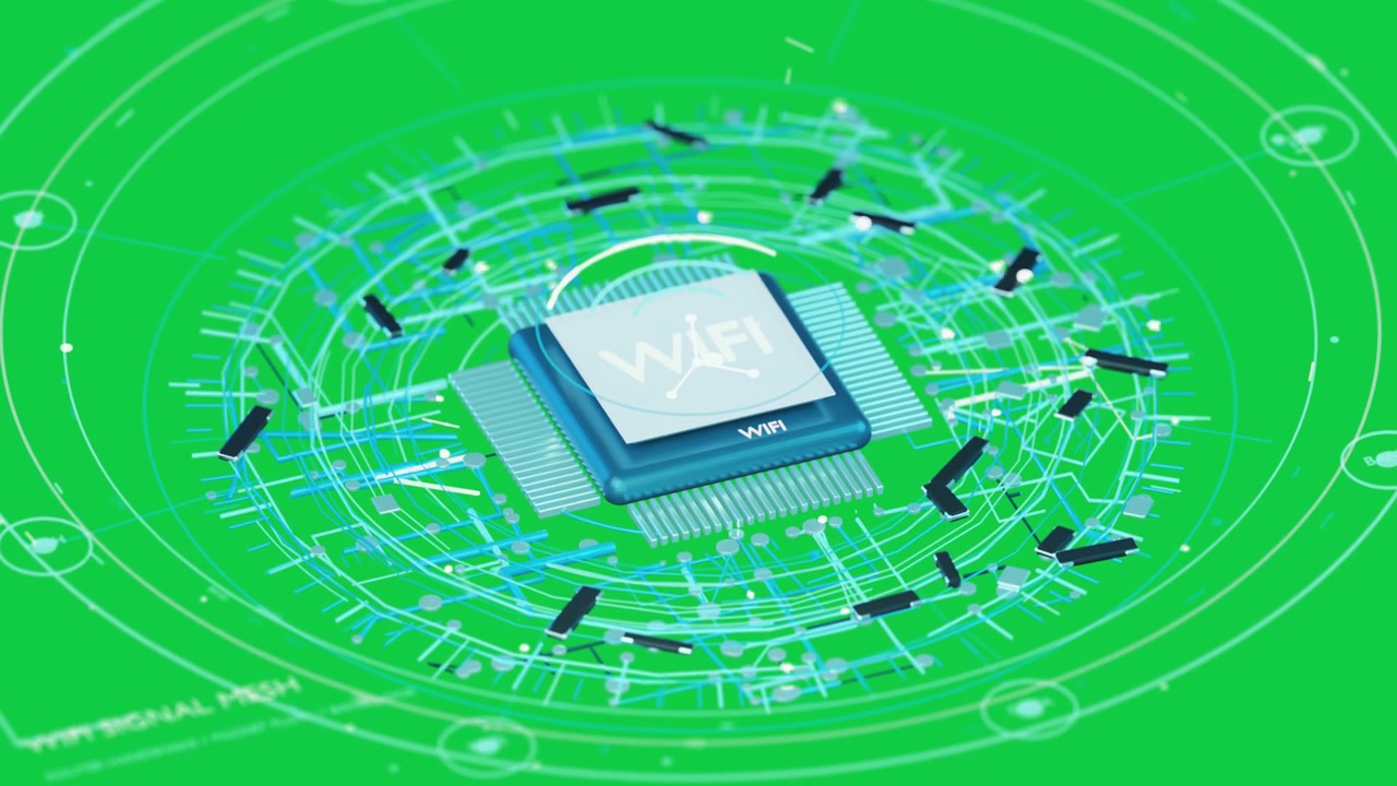 WiFi module building and activating signal on power spawning rings orbiting data on transparent bg