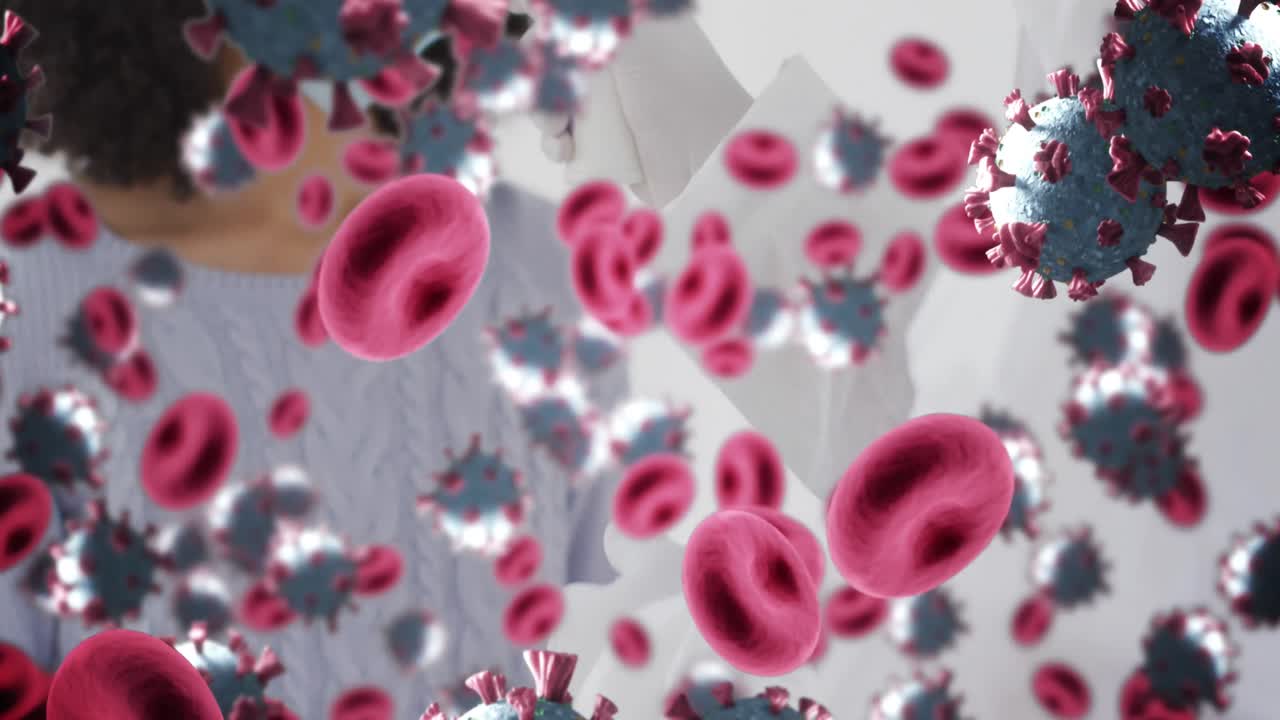 Animazione di cellule virali su donna afroamericana che si misura la temperatura
