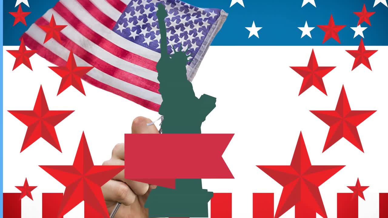 Animation of green statue of liberty with copy space over red stars and american flag