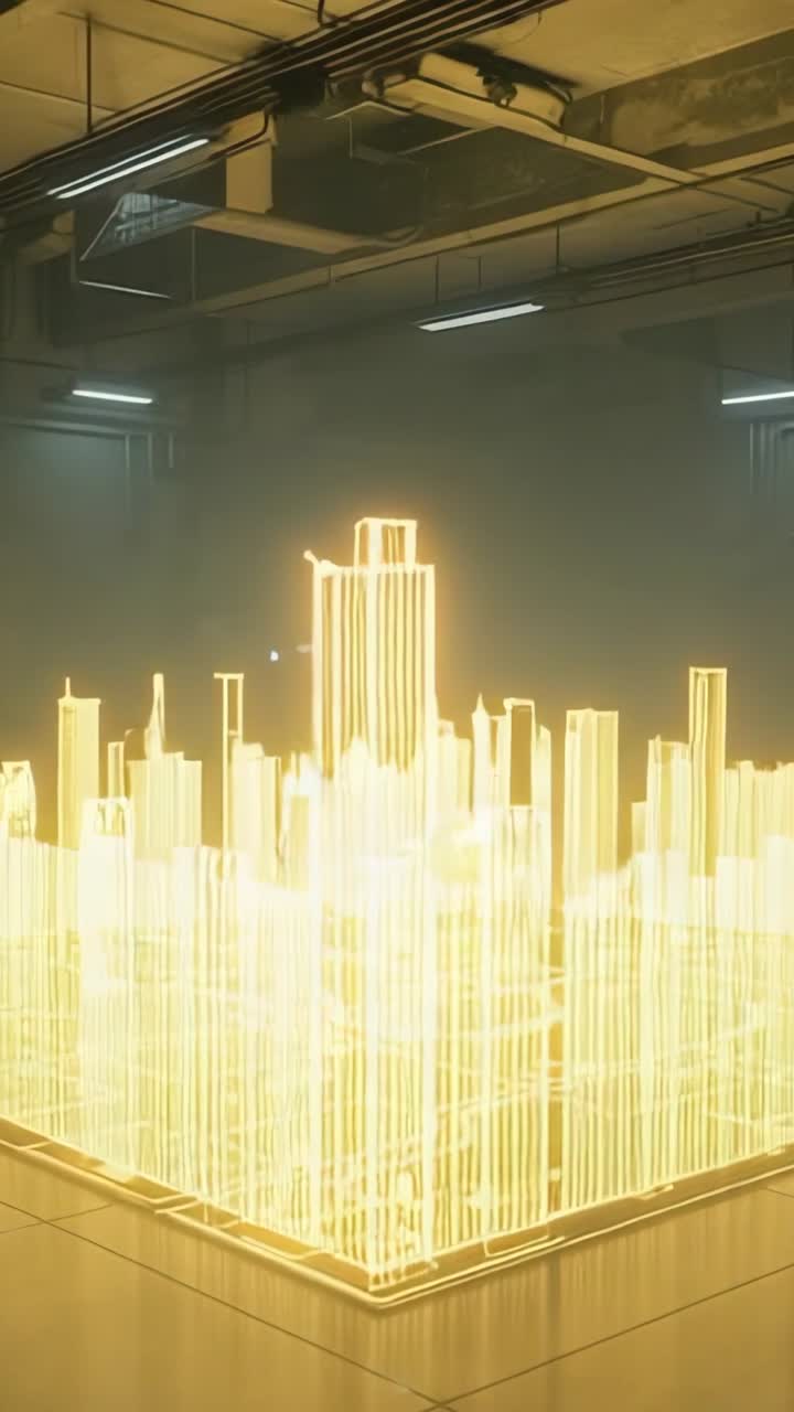 Vertical video: Activating platform powering holographic city rising in warehouse, lights pulsing