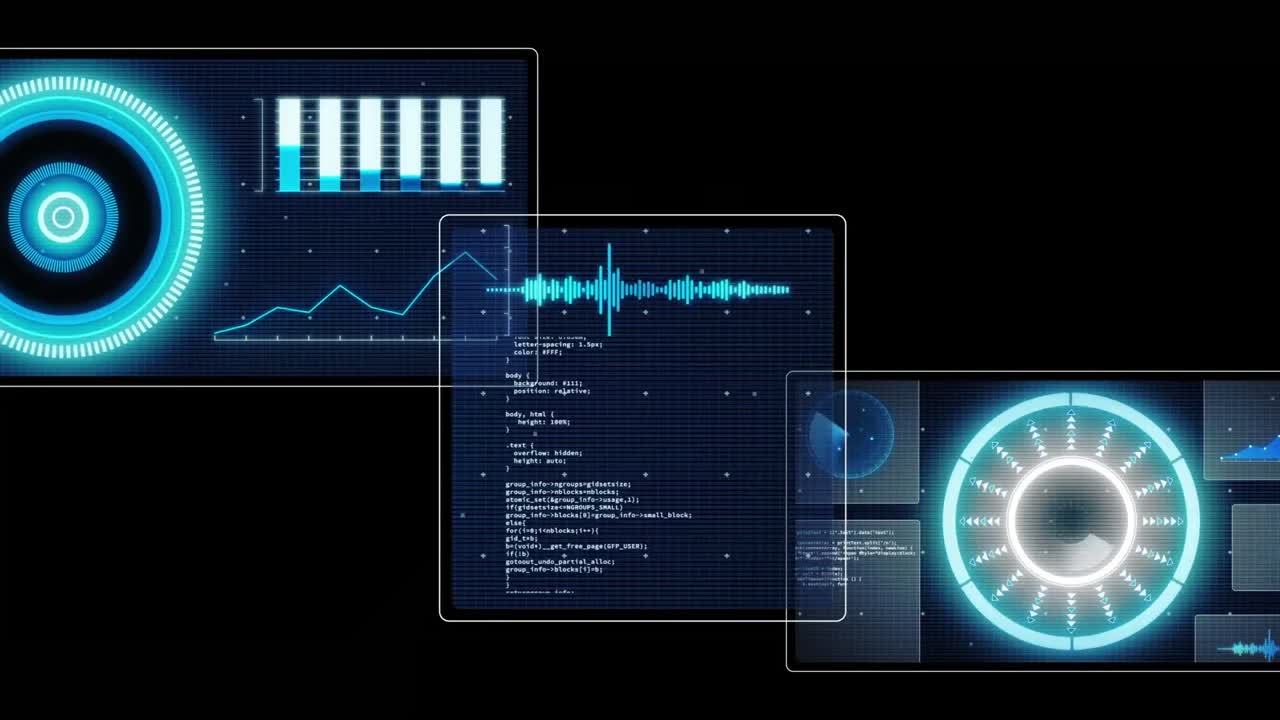 Animation of data processing with scope scanning on black background