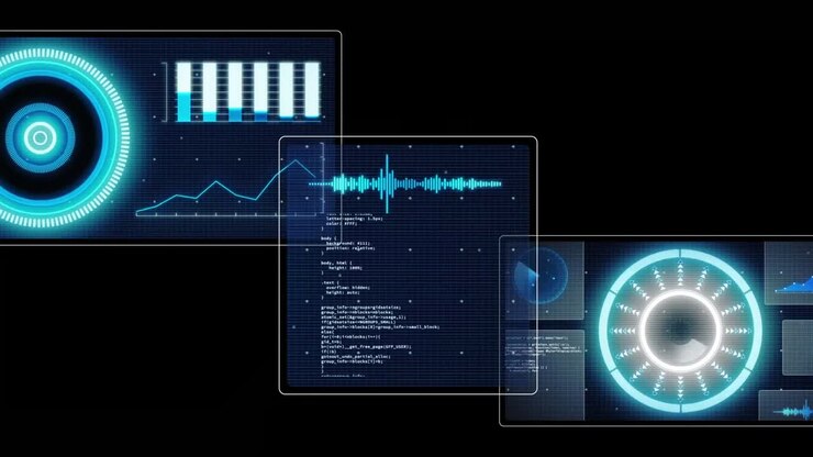 Animation of data processing with scope scanning on black background
