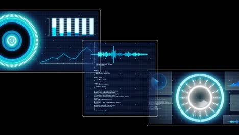 animation of data processing with scope scanning on black background