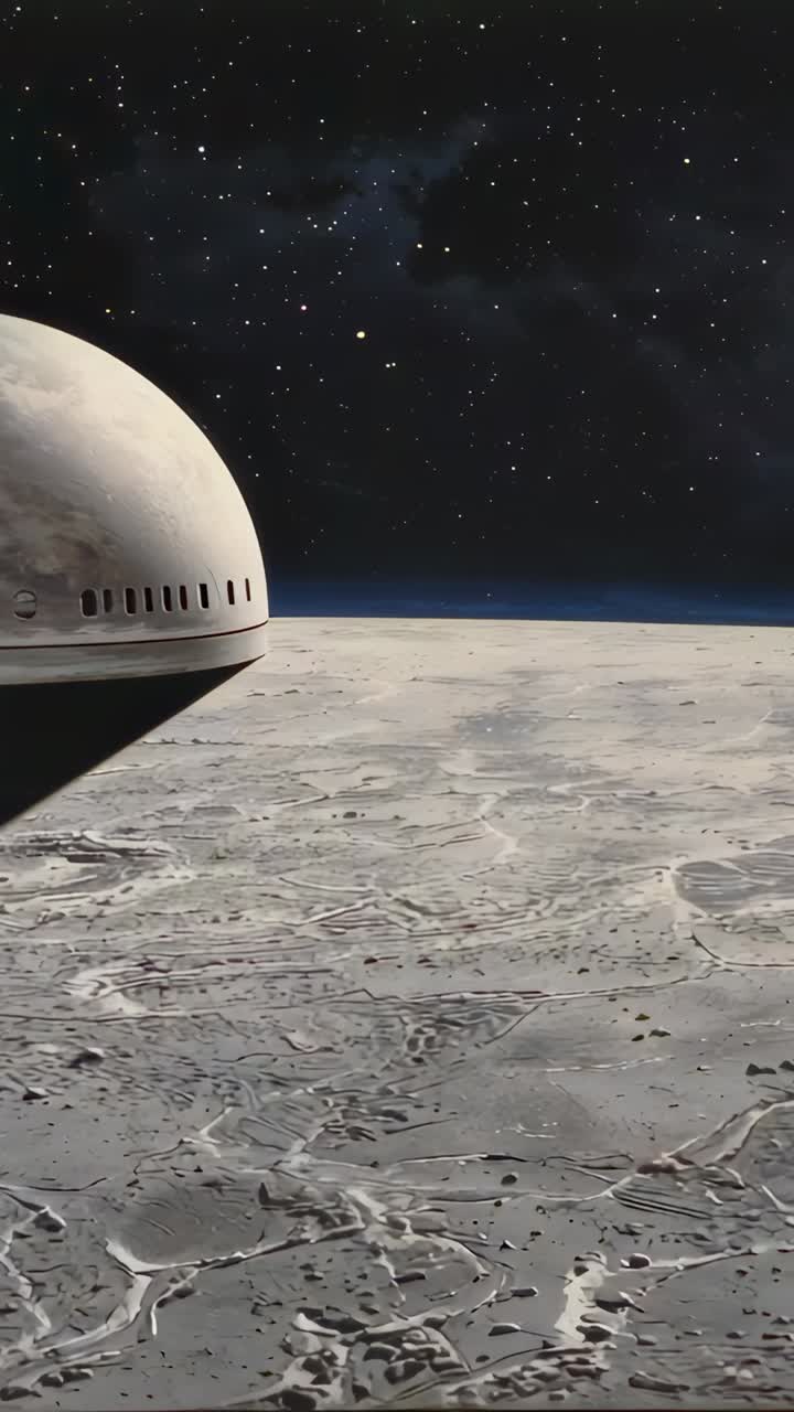 Vertical video: Panning view revealing left dome in orbit, showing ground and blue limb, copy space