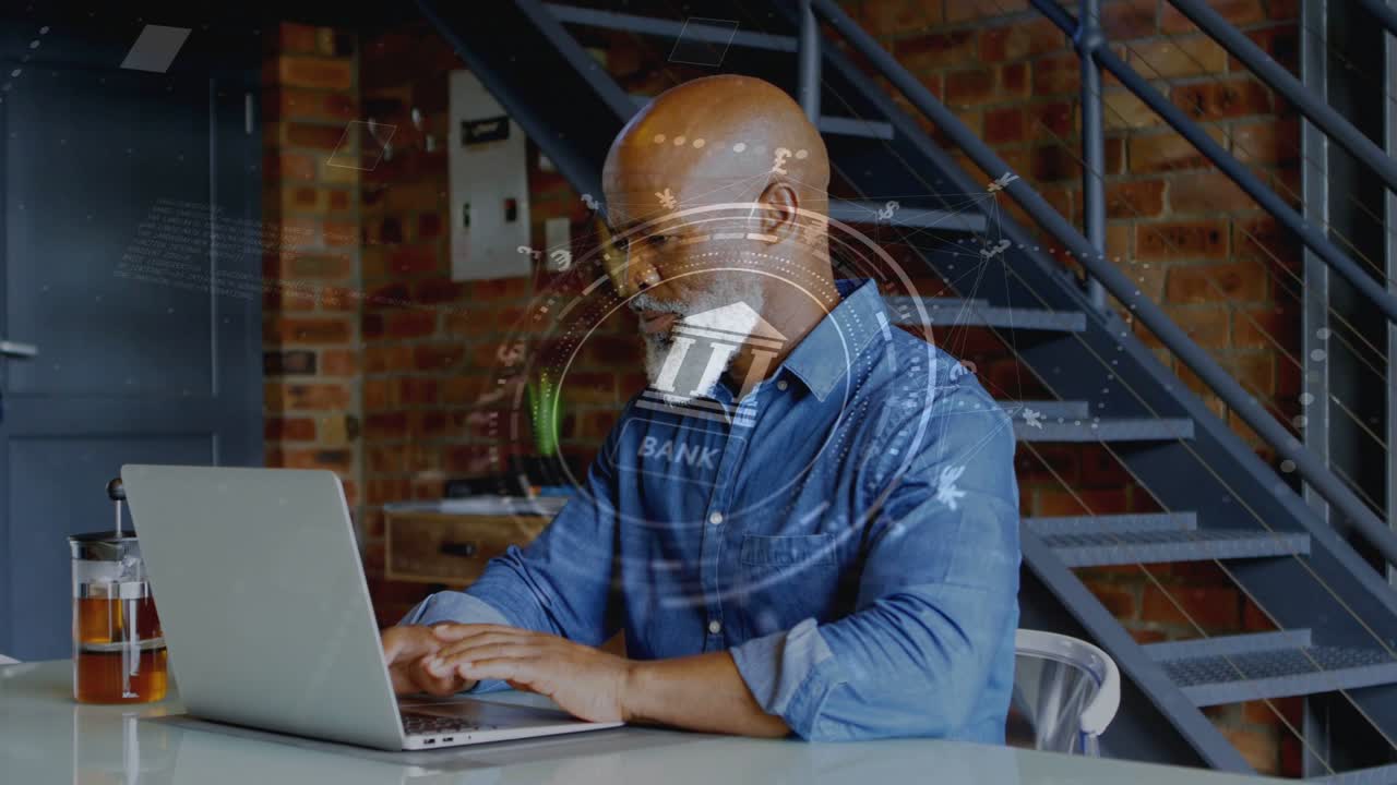 Male professional typing at desk, activating fintech HUD with currency symbols showing balances