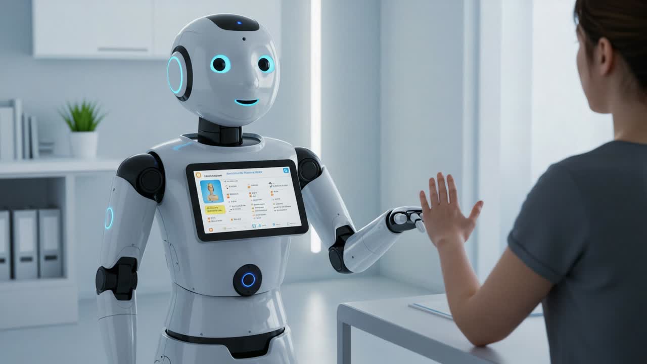 A Friendly Robot Engaging in Conversation with a Human in a Modern Office Environment, Highlighting Advanced AI Technology and Human-Robot Interaction