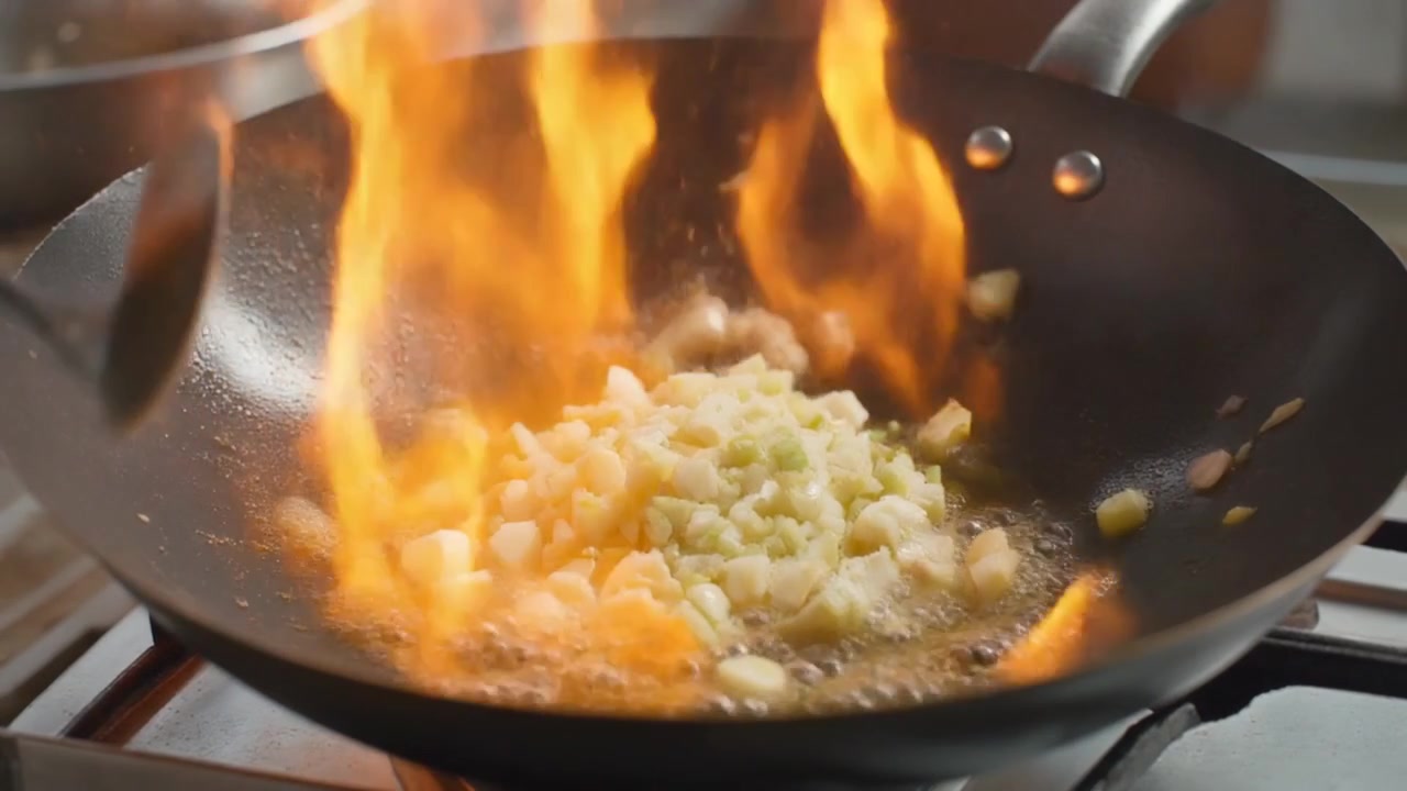 Szef kuchni smażący metodą stir-fry posiekany czosnek i aromaty w płonącym woku