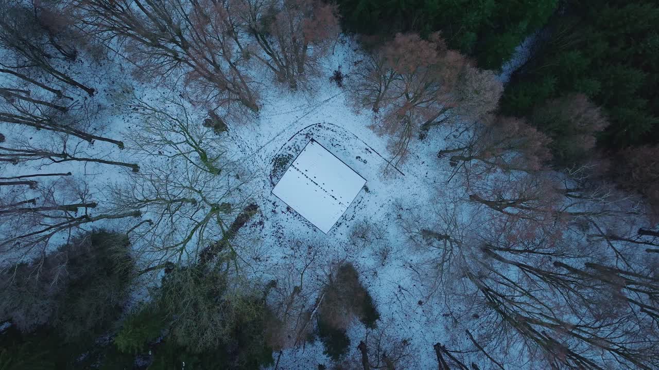 겨울 숲 한가운데 홀로 외롭게 서 있는 작은 집